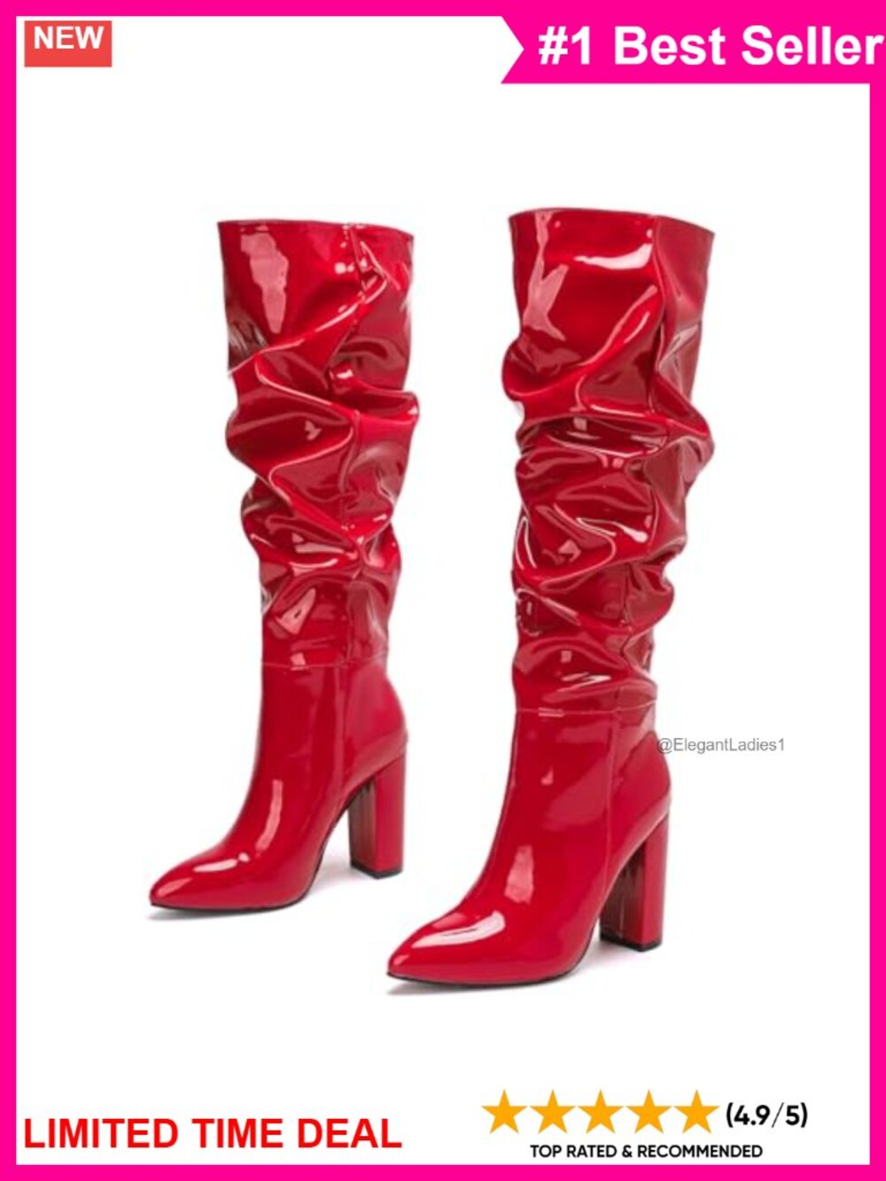 Patent Leather Knee High Boots Chunky Heel Pointed Toe Pull Up Women's - Picture 3 of 6